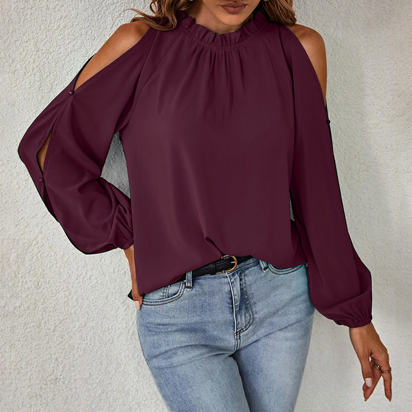 thumbnail image 2 of Blusa de manga larga de último diseño para mujer - Top holgado de color liso, camisa informal de moda, 2 of 7